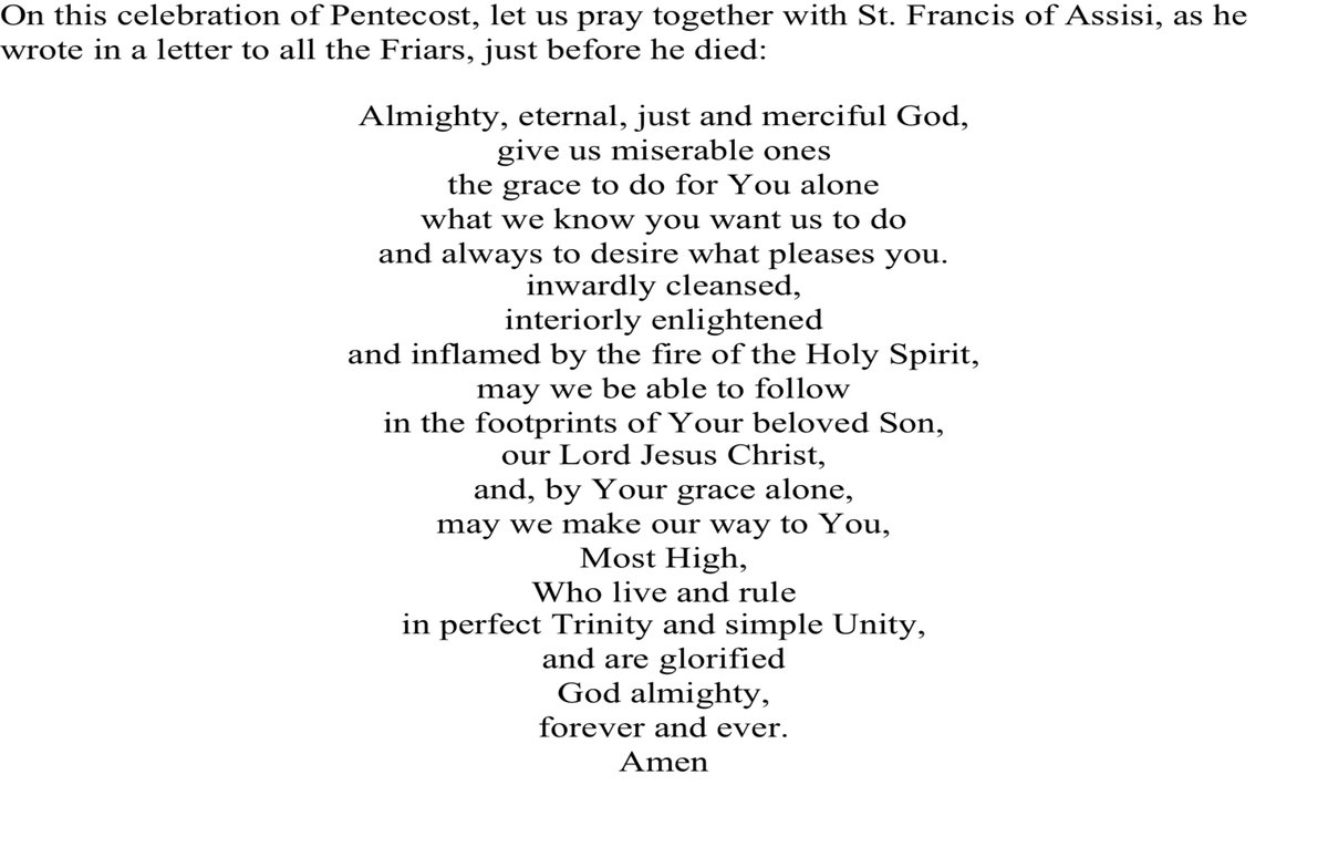 OLCprov's tweet photo. On this celebration of Pentecost, let us pray together with St. Francis, as he wrote in a letter to all Friars, just before he died: "...inflamed by the fire of the Holy Spirit may we be able to follow in the footprints of Your beloved Son..." #olcprov #ofmconv #Pentecost https://t.co/SmuAniLRrl