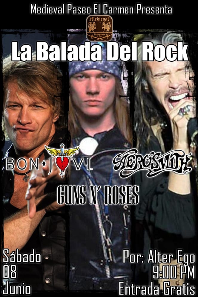 Medievalsv's tweet photo. MEDIEVAL PASEO EL CARMEN EL MEJOR AMBIENTE DE TECLA PRESENTA...

LA BALADA DEL ROCK... CON LOS MEJOR DE BON JOVI, GUNS N' ROSES &amp; AEROSMITH...

HOY SÁBADO 8 DE JUNIO A LAS 9:00 PM...

ENTRADA TOTALMENTE GRATIS... LES ESPERAMOS... https://t.co/6uUChpopmI