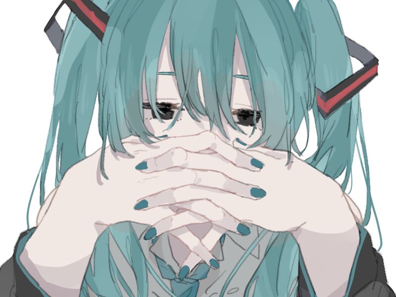 hatsune miku 1girl solo twintails white background simple background interlocked fingers long hair  illustration images