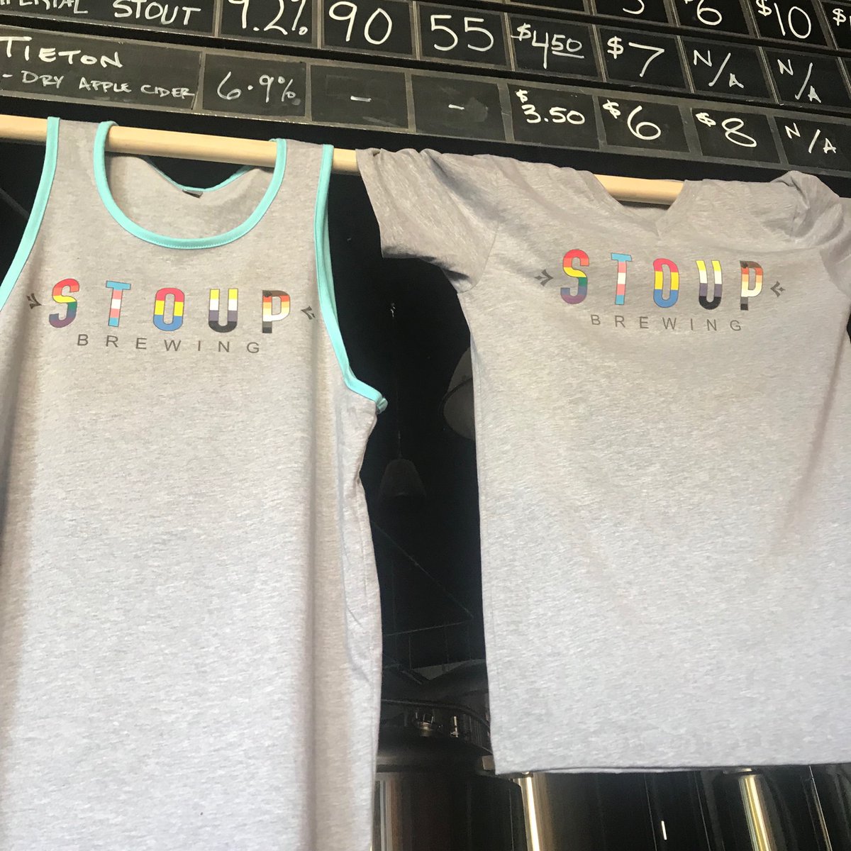 stoupbrewing's tweet photo. New shirts! Grab one while you’re dancing with us in the beer garden tomorrow! $4/shirt benefits @seacounselsvc #drinkbeerdogood #sundayfunday #teadance #queerasfunk #beerforeveryone #seattlepride https://t.co/35ob4zMTMU