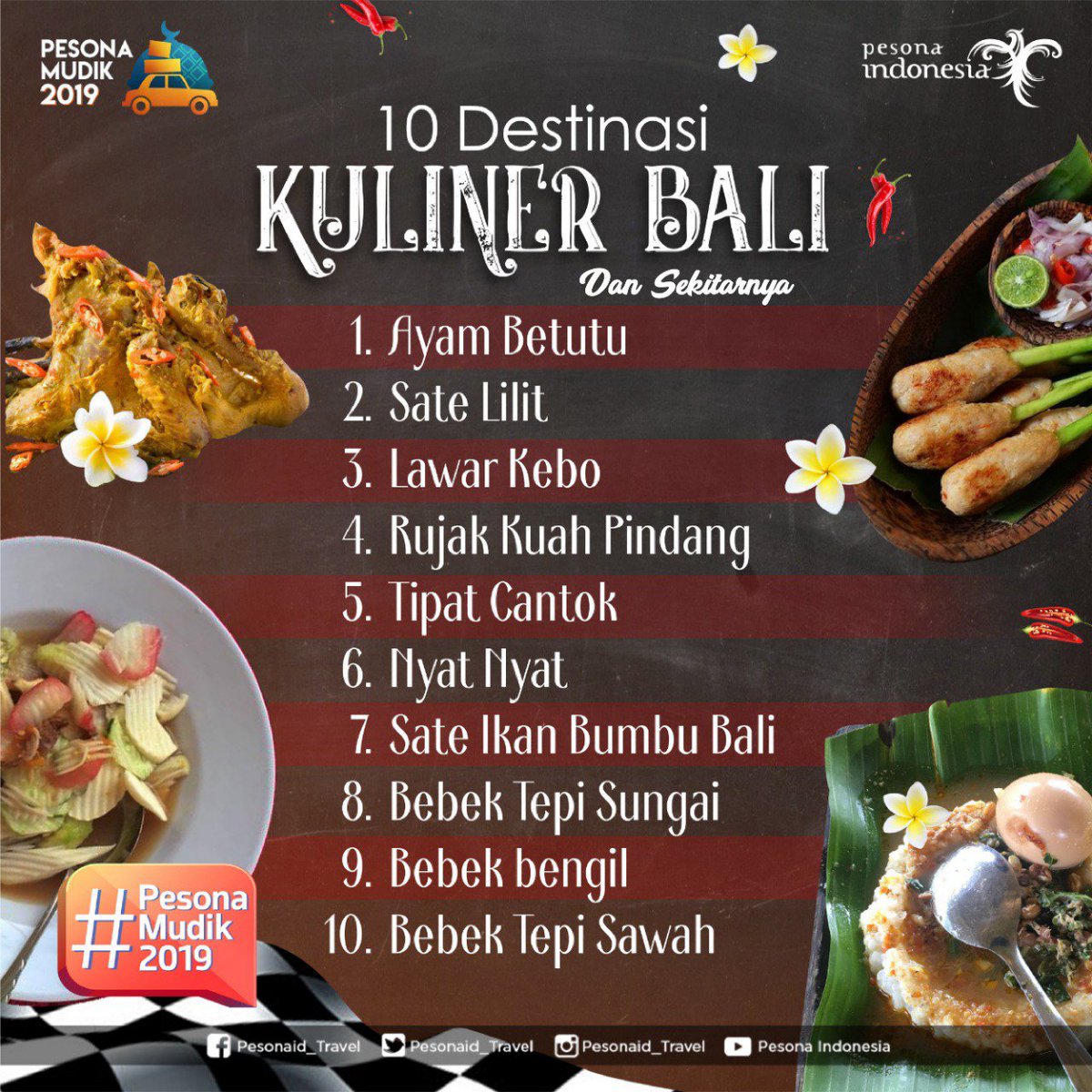 Top 10 Kuliner dan Top 10 Destinasi Bali
.
#PesonaMudik2019 #PesonaIndonesia #WonderfulIndonesia
#GenPi
#GenWi