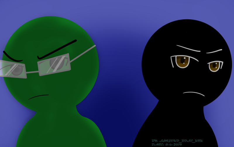 Shizuko___Rose's tweet photo. First art up here with no link. Not on Instagram yet. I hope the signature shows. I detailed Sheim's eyes as I couldnt shade him. Tried to make the green guy cruel like the scientist from AGGREGATION from Afrotique. :"3 Hope you like! :"D
#stickfigures #hynsdojo #Sheim https://t.co/sGoElW0MrE