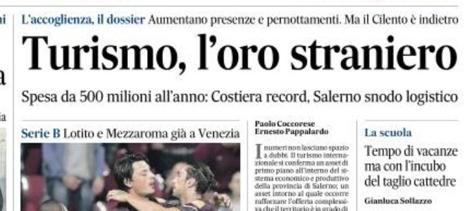 Turismo risorsa fondamentale per fare crescere l'economia della provincia di Salerno. I dati sui flussi dall'estero elaborati e analizzati con il prof. Paolo Coccorese (Unisa). Il traino della Golden Coast. L'analisi sul quotidiano Il Mattino (ed. Salerno).