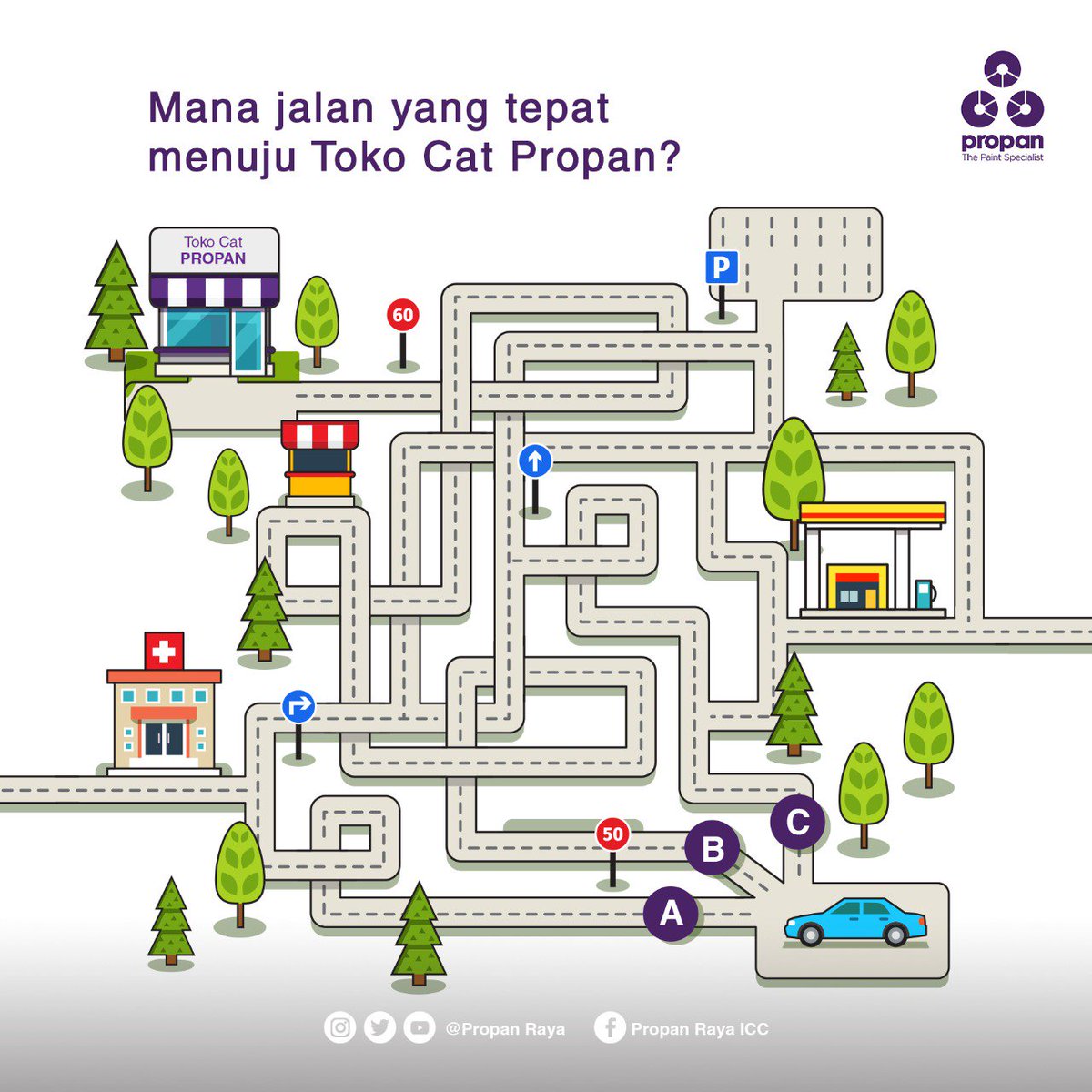 propanraya's tweet image. Coba telusuri jalan pada gambar ini untuk bantu #Propaners yang ingin beli cat Propan di toko terdekat. Kira-kira, mana jalan yang harus diambil?

#Profun