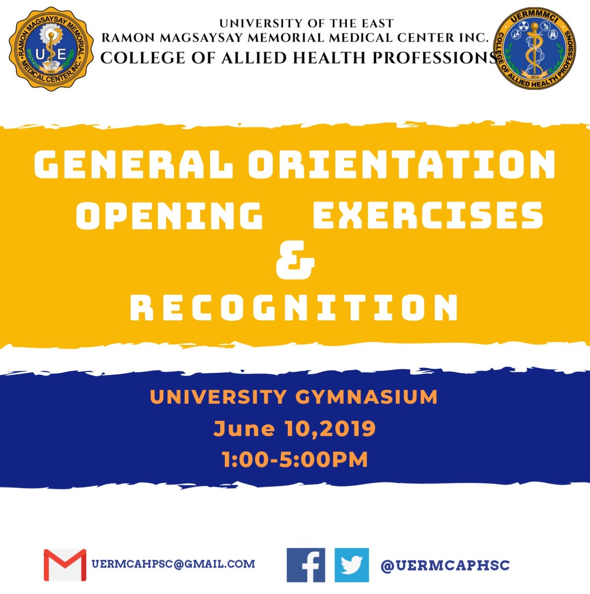uermcahpsc's tweet photo. [ ANNOUNCEMENT ]

Please be reminded of the upcoming General Orientation for the A/Y 2019-2020 this coming monday, June 10, 2019, from 1pm onwards. 

Can’t wait to see you all, future RMTs

#UERMMedTech 💙💛 https://t.co/LNNcvUIiF2