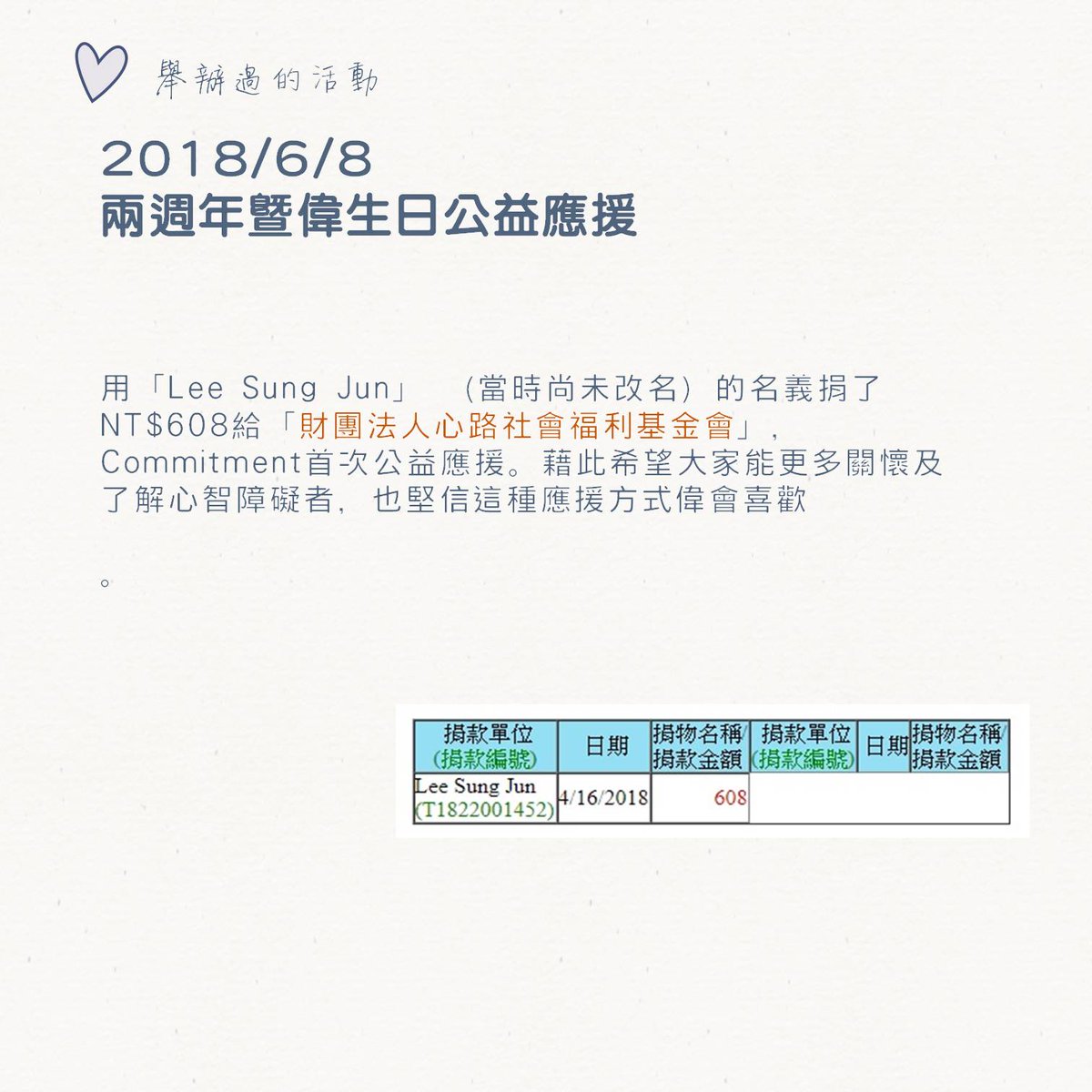 commitment0608's tweet photo. 오랜만이에요.  
커미트먼트 #웨이 대만 생일공익응원

2018年用了Lee Sung Jun的名義捐台幣608元給心智障礙者
2019年用了LEE JIN HYUK的名義每個月台幣500元助養流浪犬

앞으로도 응원할게요 ^^~!!

#HAPPY_WEI_DAY #李鎭赫 #이진혁 #프로듀스X101 #PRODUCE_X_101 
#업텐션 #UP10TION #偉 #WEI https://t.co/HRdK4fanwq