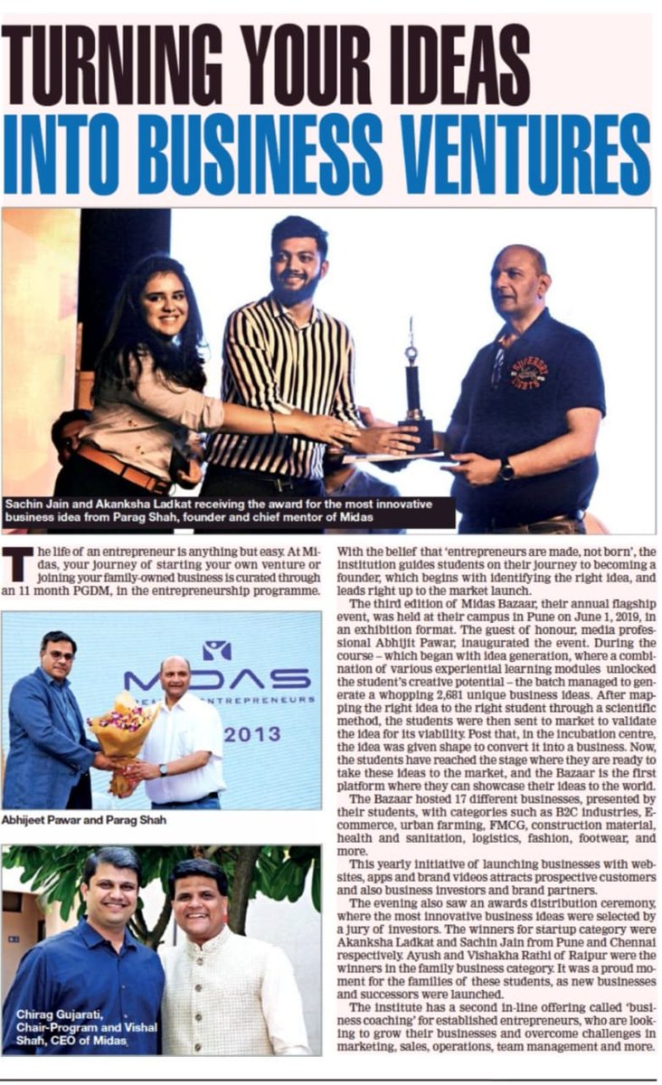 midasinnovation's tweet photo. MIDAS Bazaar gets mentioned in Pune Times (supplement of TOI) for creating entrepreneurs and family business scions. Congratulations Sachin Jain and Akanksha Ladkat for winning the most innovative business idea.
#MIDASBazaar3 #TheMIDASway #Student2Founder https://t.co/NVa7rnJFlP