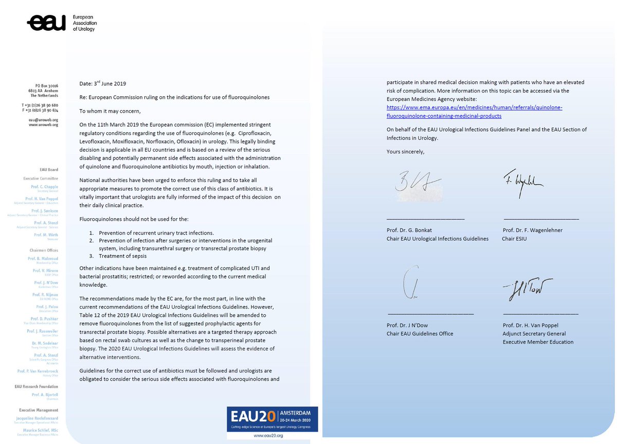 European Association of Urology (EAU) (@uroweb) on Twitter photo Fluoroquinolone application is restricted by the <a href="/EuropeanCommiss/">European Commission</a>. And #eauguidelines on #UTI are repeatedly cited in their evalutation as a reference; arising the value of our Guidelines on Healthcare system. Fluoroquinolone application is restricted by the <a href="/EuropeanCommiss/">European Commission</a>. And #eauguidelines on #UTI are repeatedly cited in their evalutation as a reference; arising the value of our Guidelines on Healthcare system.