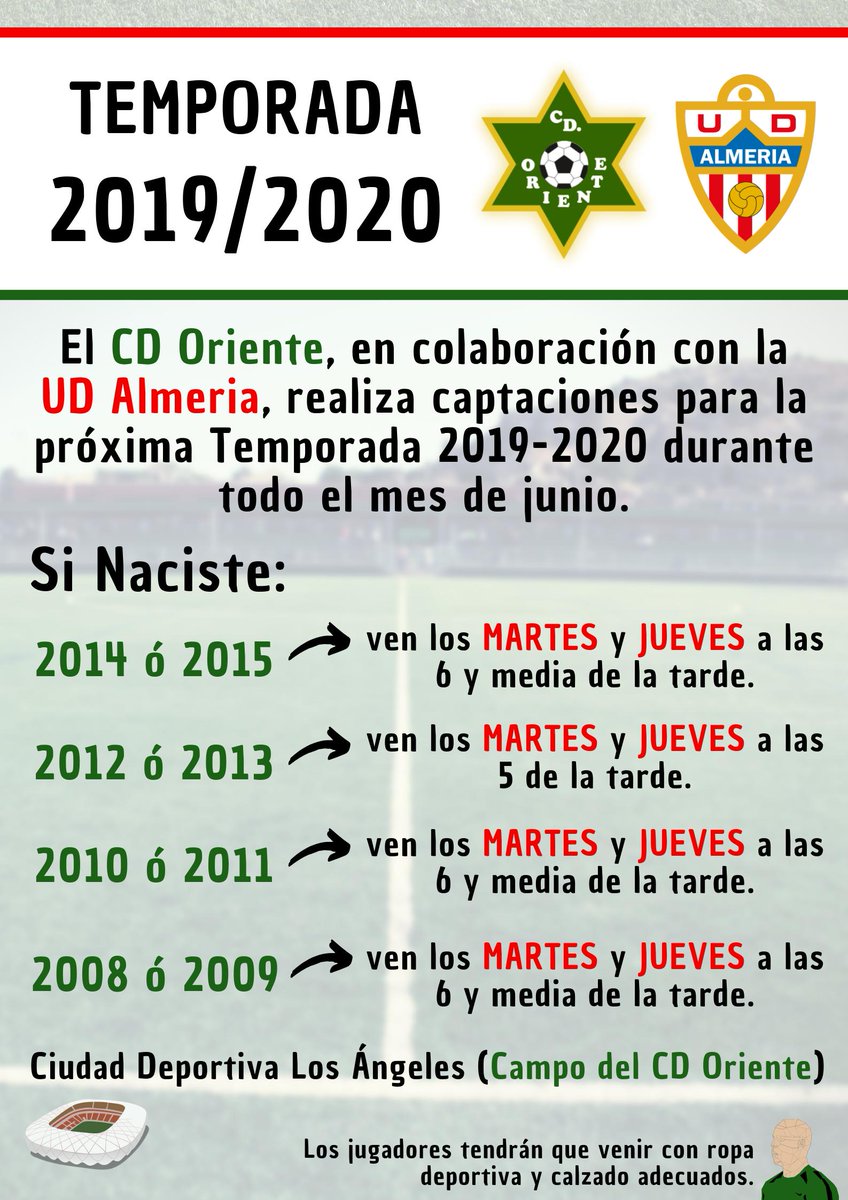 CD_Oriente_1970's tweet photo. #CDOriente Temporada 2019/20
Durante el mes de Junio realizaremos captaciones para los equipos de Bebe, Prebenjamín, Benjamín y Alevín en colaboración con @CanteraUDA.
Te esperamos en la Ciudad Deportiva Los Ángeles (Junto a la Residencia Ballesol) 
#FuerzaOriente #PásateAlVerde https://t.co/JwsEqmY61n