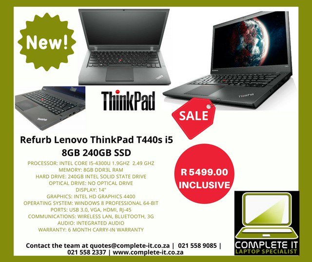 CompleteITCT's tweet image. REFURB LENOVO THINKPAD T440S I5 8GB 240GB SSD R5,499 
12 Month Carry-In Warranty Contact the team at quotes@complete-it.co.za |  
021 558 9085 complete-it.co.za #completecomputersolutions #completeit #completeitinedgemead #lenovothinkpad #lenovo #refurbishedlaptop