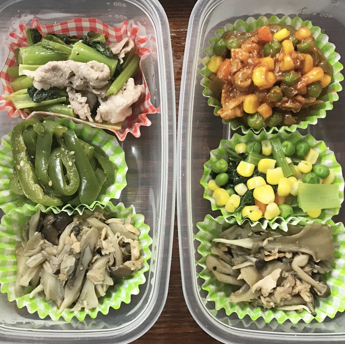 えん お弁当用日替わりおかず 塩豚小松菜 ポークチャップ ピーマンナムル風 小松菜とミックスベジタブルのバターソテー 無限きのこ 冷凍ミックスベジタブルをそろそろ使い切りたい お弁当おかず 作り置き 作り置きおかず 備忘録