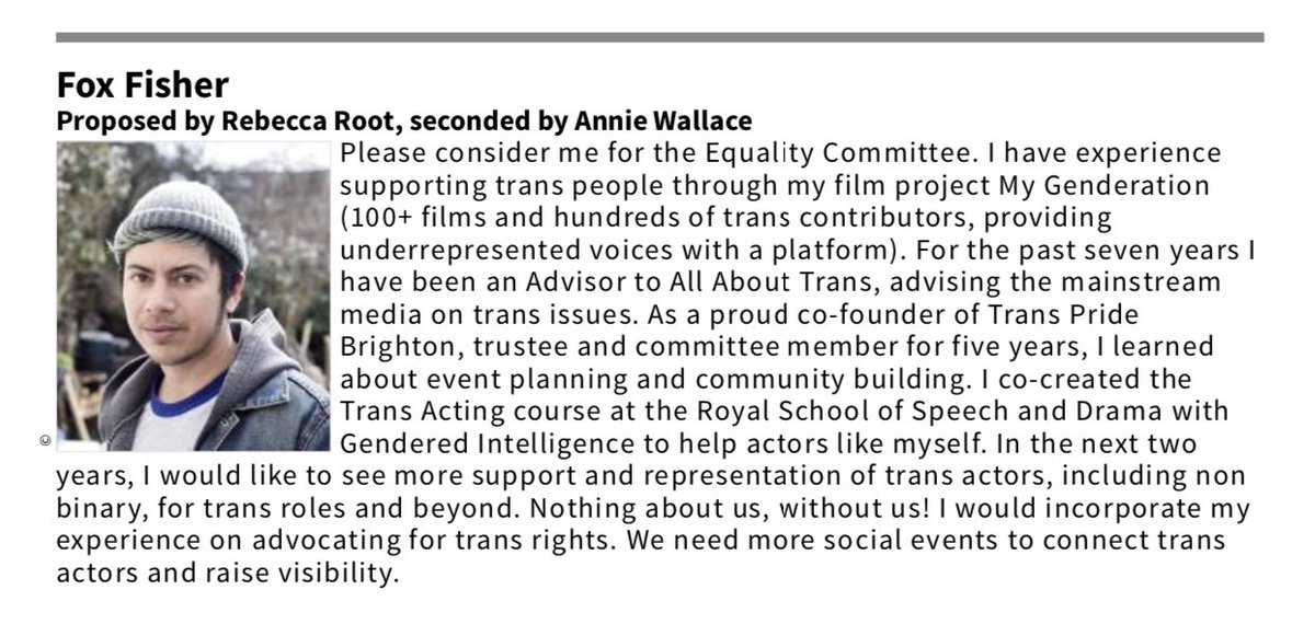 theFoxFisher's tweet photo. Equity member? Please vote for me in the @EquityUK elections for the @EquityLGBT+ committee. I was proposed by @rebeccaroot1969 and seconded by @anniewallace who are both extremely worthy candidates in this election. #VoteTrans ❤️ https://t.co/Ae4vmbON5N