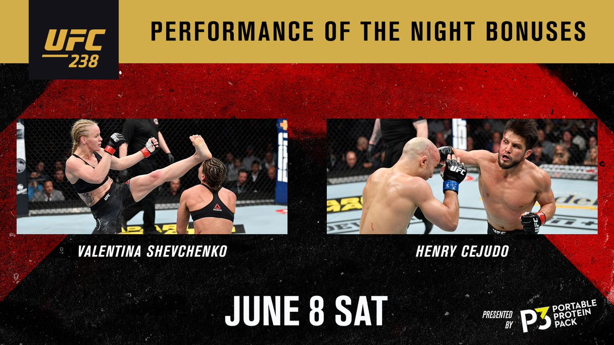 ufc's tweet image. Championship level performances!

💰: @HenryCejudo &amp;amp; @BulletValentina #UFC238 @P3Protein