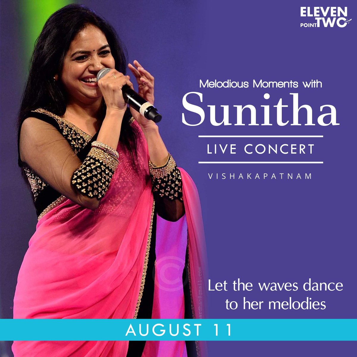 KalyaniMuktevi's tweet photo. Hey #Vizag!!!
The wait is over and she's coming!
Let the #waves dance to her #melodies.
Sunitha performing live at Vizag this #August. Stay tuned for venue and ticket details.
#ElevenPointTwo #11point2 #music #telugu #tollywood #event #visakapatnam https://t.co/zntVTG0NcO