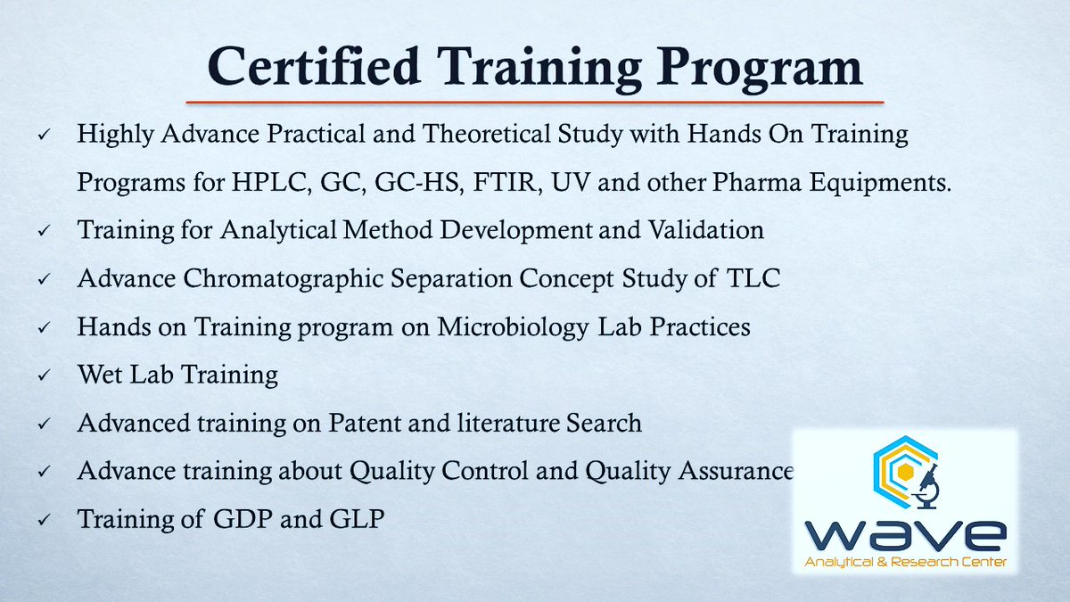 waveanalytical's tweet image. #HPLCtraining #Handsontraining #CertifiedProgram #Dissertation #HPLC #GC #GCHS #FTIR #UVspectroscopy #Instruments #AdvanceTraining #Practical #Theory #MethodDevelopment #Chromatography #Microbiology #Patent #Literature #QC #QA #GDP #GLP #Training #AnalyticalTesting #WaveARC #Wave
