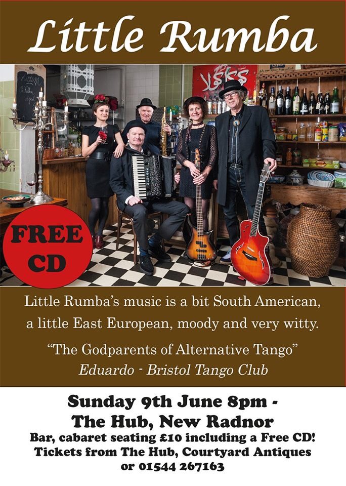 PresteigneArts's tweet photo. LITTLE RUMBA - "The Godparents of Alternative Tango"
Gig at the Old School Community Hub in New Radnor TONIGHT at 8pm (School Lane, New Radnor, LD8 2SS). 
PLUS FREE CD!
Tickets on door or phone 01544 267163. Bar and cabaret seating. https://t.co/zcIrVxp6Us