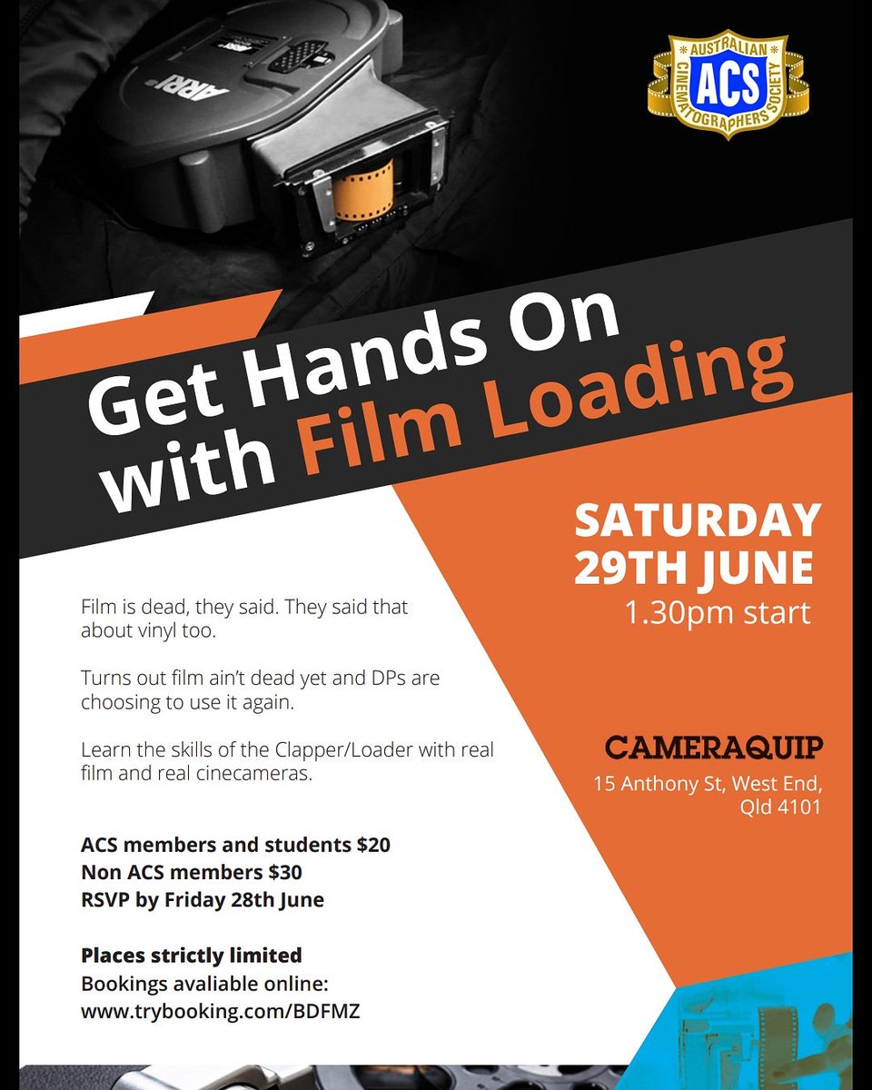 QldACS's tweet photo. EVENT: Turns out film ain’t dead yet and DPs are choosing to use it again.
Learn the skills of the Clapper/Loader with real film and real cinecameras

RSVP by Friday 28th June
Places strictly limited
Bookings avaliable online: https://t.co/RZm9ypaz47 https://t.co/nmpQXCfSD6