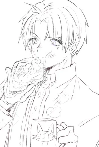 今日のごはん、パンに丸いカマンベールを贅沢に半分オーブンで焼いたものを乗せてはちみつかけたものと、ミルクティーを一緒に食べたの最高においしかったなあという絵日記を長谷部くんで 