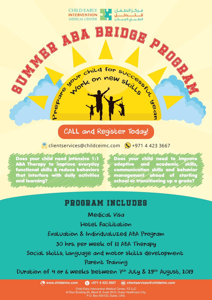 childeimc's tweet photo. 💛Registration is open for our Summer ABA Bridge Program💛
If your child needs intensive 1:1 ABA Therapy over the summer, call us for more information today on +97144233667 #ceimc #summerprogram #abatherapy #abaprogram #therapy #behaviortherapy #earlyintervention #ABA #dubai #uae https://t.co/47m0Homoso