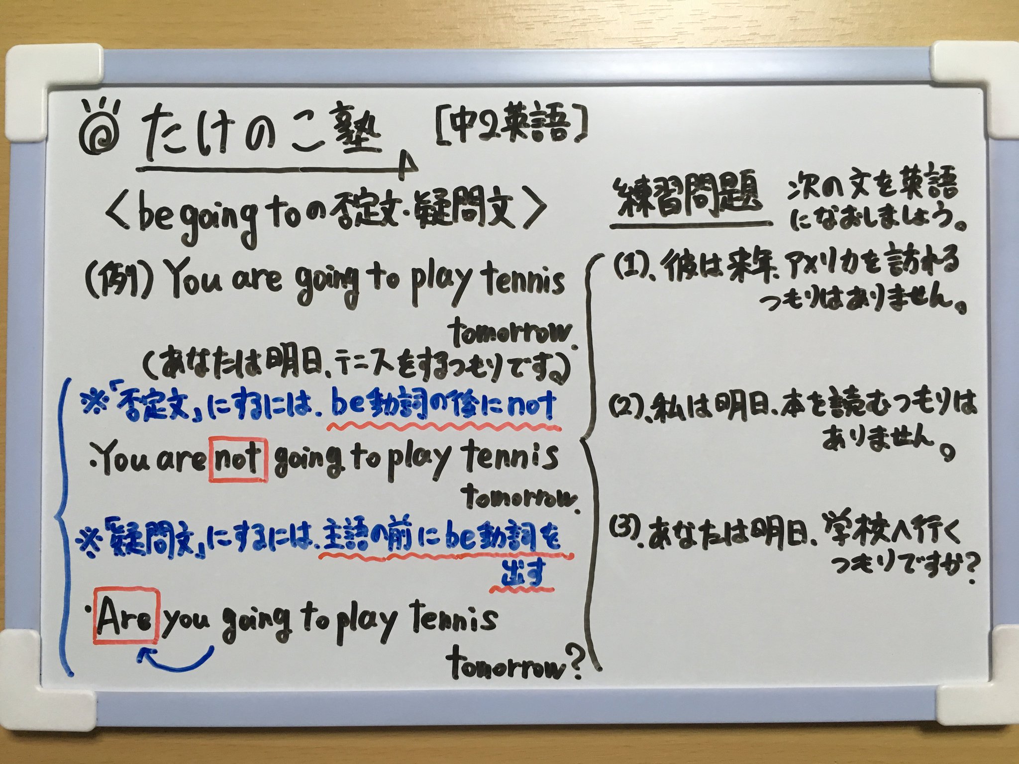 たけのこ塾 中2英 Be Going Toの否定文 疑問文 の問題を作成しました 例 You Are Going To Play Soccer 否定文 Be動詞の後にnotをおく You Are Not Going To Play Soccer 疑問文 主語の前にbe動詞を出す Are You Going To Play Soccer