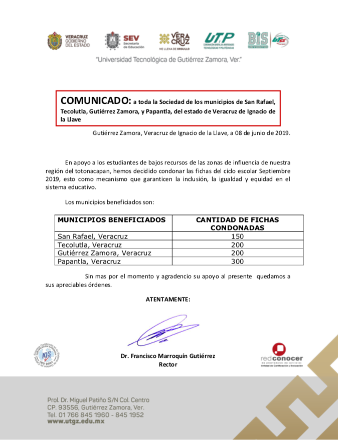 En apoyo a los estudiantes de bajos recursos de las zonas de influencia de nuestra región del totonacapan, hemos decidido condonar las fichas del ciclo escolar Septiembre 2019, esto como mecanismo que garanticen la inclusión, la igualdad y equidad en el sistema educativo.