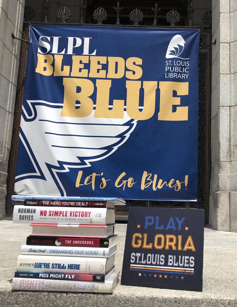 STLpubLibrary's tweet photo. Hey @BPLBoston, sing donโt cry. We even have a song recommendation for you. Our @stlouisblues are ready for Game 6 @Enterprise_Cntr ๐๐๐ #StanleyCupย #LGB #BookSpineChallenge #LibraryFaceoff #PlayGloria https://t.co/iEoUkYATcv