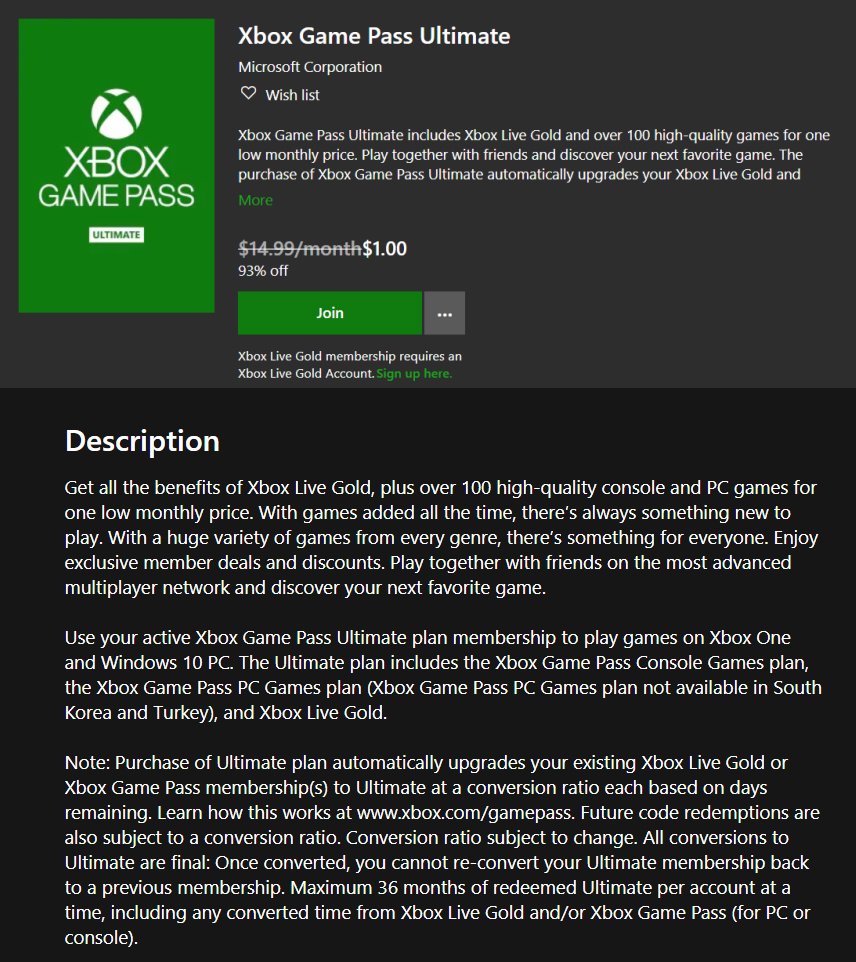 Xbox Game Pass Ultimate 1 Month Live Gold Membership - Existing