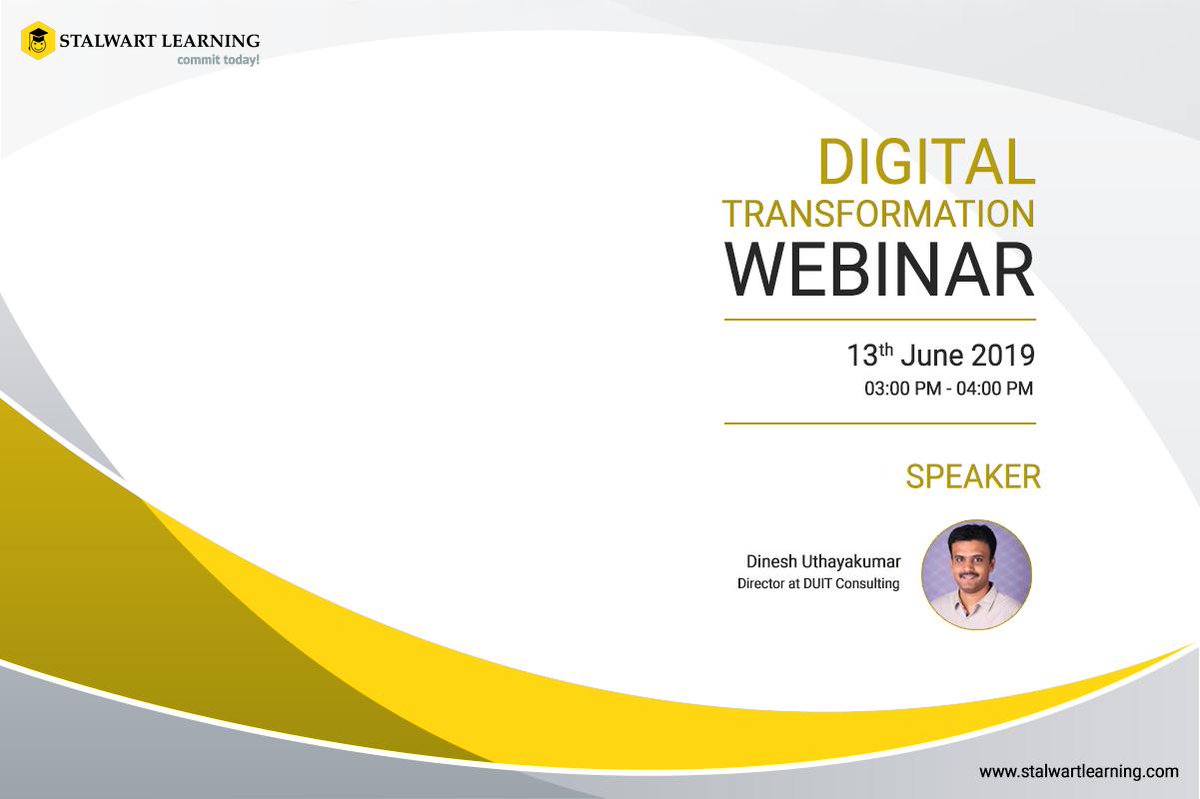 duitconsulting's tweet photo. Webinar on Digital Transformation in association with Stalwart Learning.
Date: 13th June 2019 (Thursday)
Time: 3 PM to 4 PM (IST)
Please register at https://t.co/C3BT4UnUuD https://t.co/DKTiaNfaXI