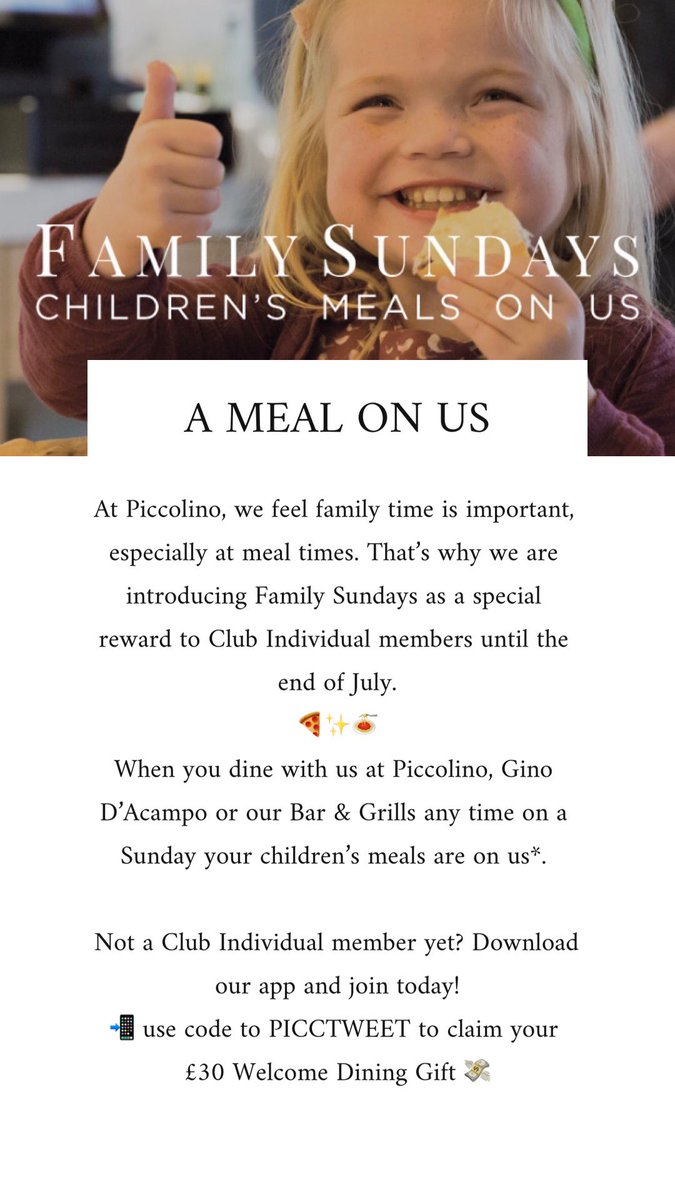 Introducing ✨FAMILY SUNDAYS✨ A children’s meal on us for <a href="/ClubIndividual/">Club Individual</a> members 🍝 sign up here clubindividual.app 📲 use code PICCTWEET to receive your £30 Welcome Dining Gift 💸
