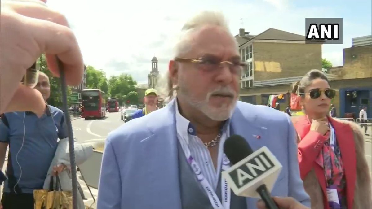 ANI's tweet photo. London: Vijay Mallya arrives at The Oval cricket ground to watch #IndvsAus match; says, "I am here to watch the game." #WorldCup2019 https://t.co/3eCK1wQHDq