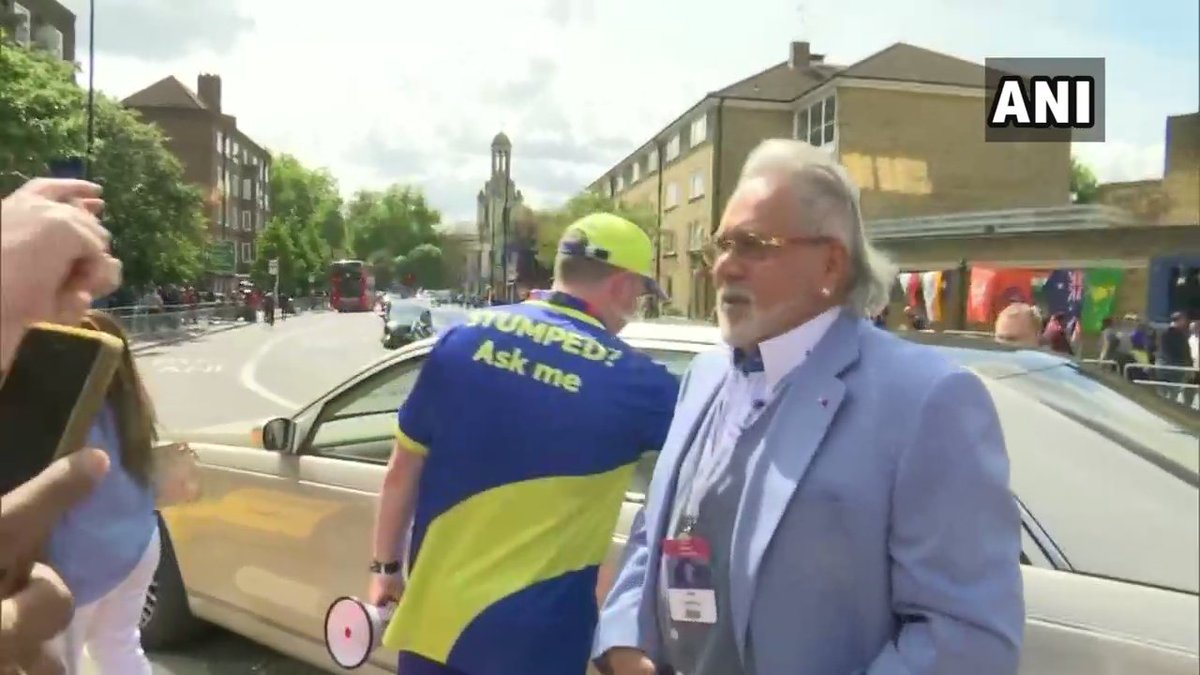 ANI's tweet photo. London: Vijay Mallya arrives at The Oval cricket ground to watch #IndvsAus match; says, "I am here to watch the game." #WorldCup2019 https://t.co/3eCK1wQHDq