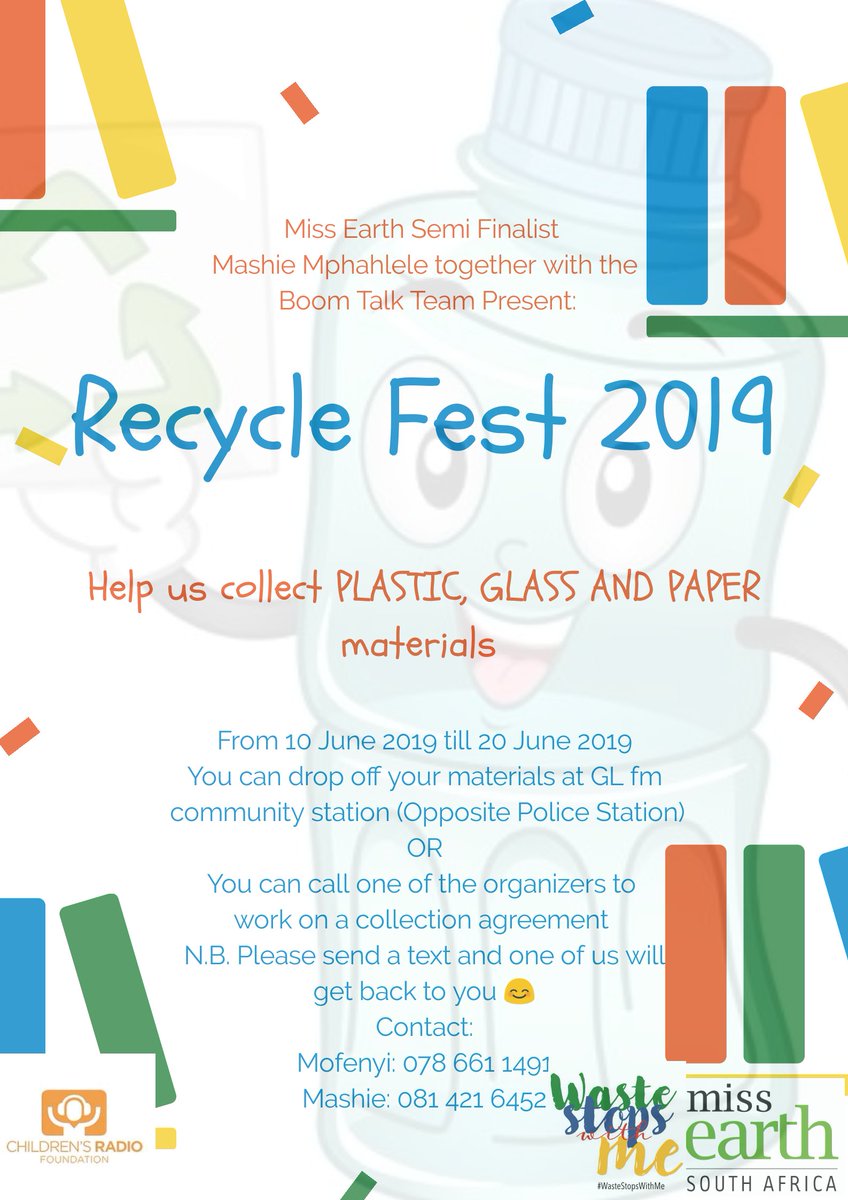 Join us for Recycle Fest 2019. You don't have to be around Lepelle-Nkumpi Municipality to be involved. From every part of the province or country you are most welcome to join the campaign. Get in touch and let's join forces.
#WasteStopsWithME
@missearth_sa 
@CRFprojects