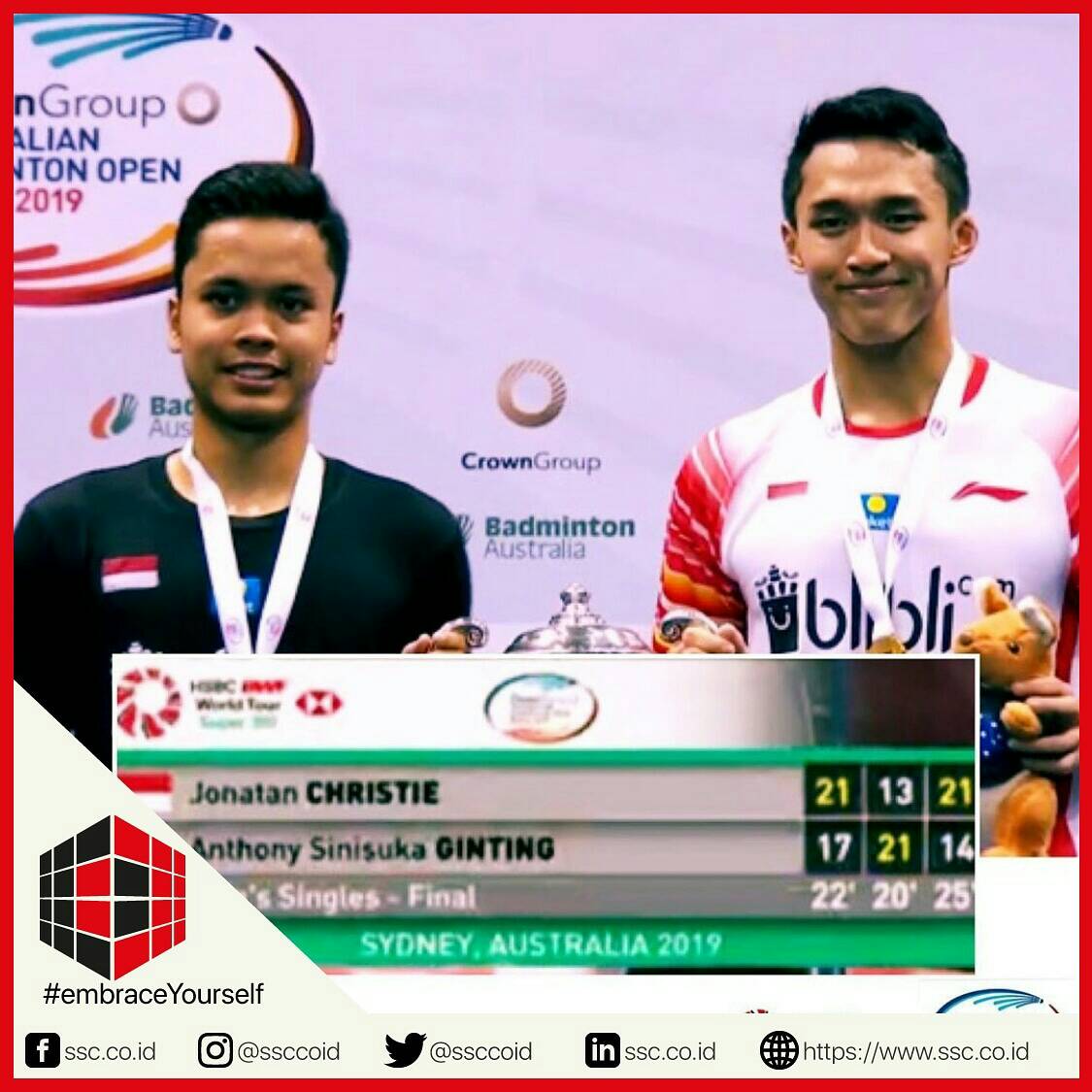 ssccoid's tweet photo. Congratulation for both  Jonatan Cristie and Anthony Ginting who won consecutive the first and second position at the BWF Australian Badminton Open 2019 for Male Single.
#embraceYourself #SSC #SharedServiceCenter #australiaopen2019 #bwfworldtour  #Indonesiaproud https://t.co/TU2hMyujuM