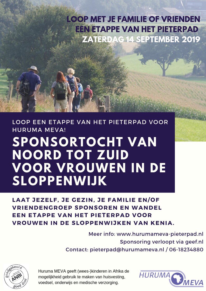 HurumaMeva's tweet photo. We hebben een nieuwe actie! Loop mee met de sponsorwandeling op zaterdag 14 september. Met elkaar gaan we het hele Pieterpad lopen. Lopen jullie ook een etappe? Kijk voor meer informatie op onze website: https://t.co/JN3sw467bm #sponsorwandeling #kenia https://t.co/57ipfirSp5