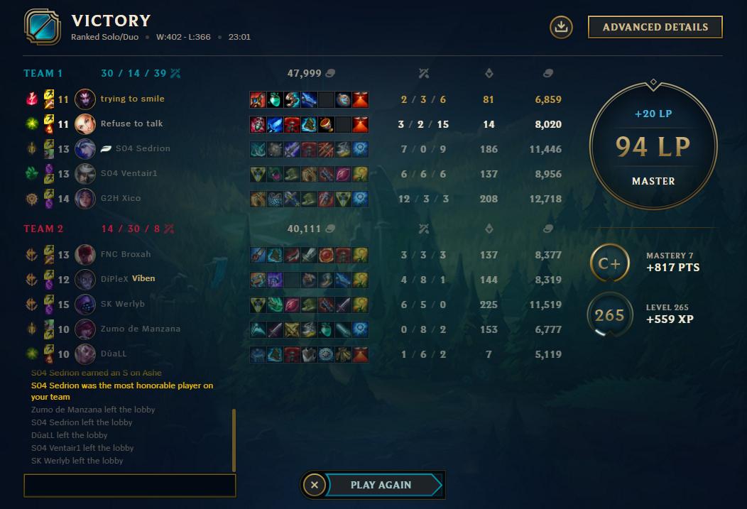 Cuando subes a master por primera vez en tu vida y RIOT te pone en un challenger game con @werlyb_ entre otros profesionales. He sido un poco inútil y me temblaman las manos XD. Pero ha sido una gran experiencia!!!