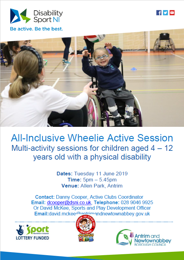 Join us on Tuesday 11 June, 5-5.45pm at Allen Park, Antrim for an All Inclusive Wheelie Active Session! Suitable for age 4-12 years.

To book or for more information E. david.mckee@antrimandnewtownabbey.gov.uk or d.cooper@dsni.co.uk