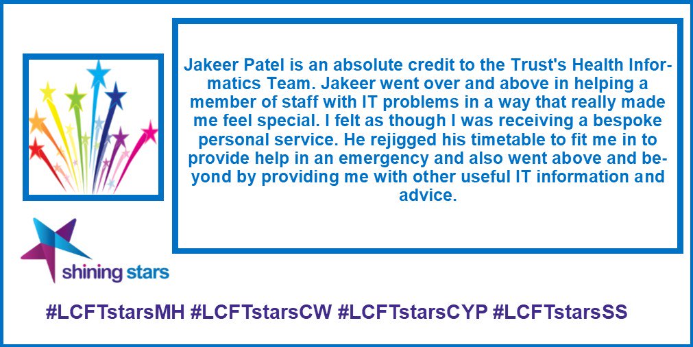 WeAreLSCFT's tweet photo. "Jakeer Patel is an absolute credit to the Trust's Health Informatics Team" #LCFTstarsSS https://t.co/K4iClBBafS