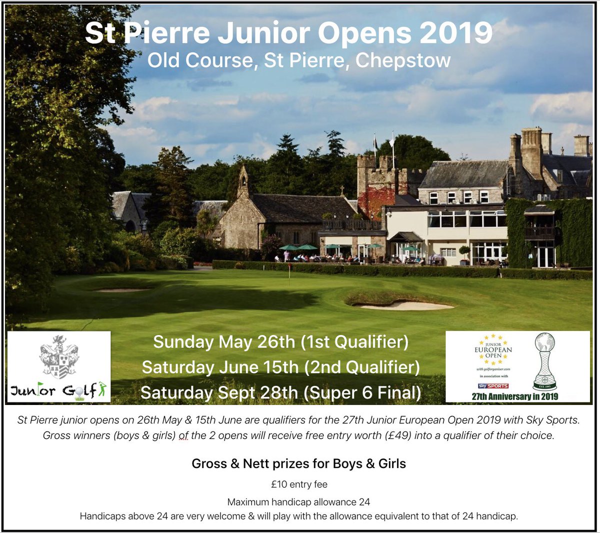 **Last call** Places still available for Junior Open next Sat 15th. Course in fantastic condition. Gross qualifier for 27th European Open 2019 with Sky Sports. Nett stableford qualifier for Super 6s final in Sept. stpierrejuniors@gmail.com. Entry @ Golf Empire. <a href="/Golforganiser/">JuniorEuropeanOpen</a>