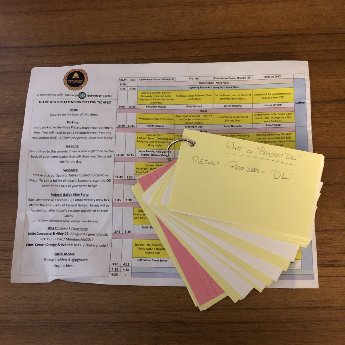 MakerLorien's tweet image. When I took Public Speaking in college, we were required to use notecards for our presentations. I hadn’t used them since. But my latest talk doesn’t have a slide deck, and I have to have something to deviate from while I’m speaking, so a deck of notecards it was at #pghtechfest