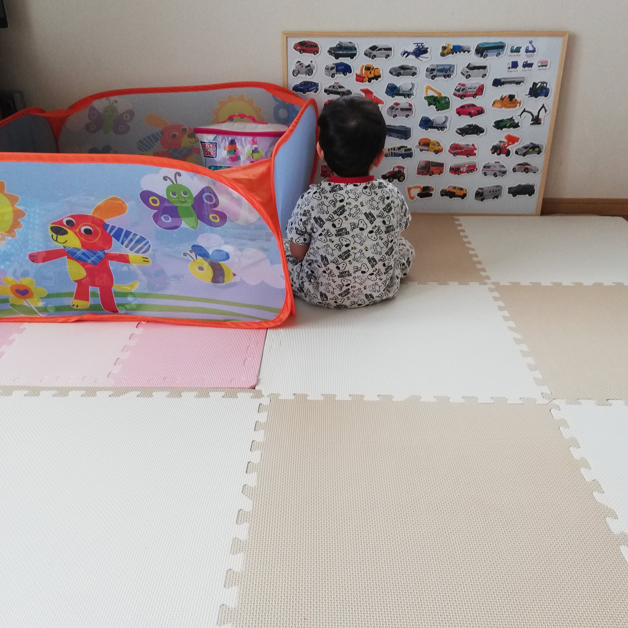 さわやか4y6m 2y1m 実家 キッズスペース作ってくれたありがとう うちと同じボールプール ニトリのホワイトボード Amp 磁石を貼ったトミカカード 落ち着く空間のようで雨でも家でご機嫌に遊べるようです T Co Uciqbnzfsh