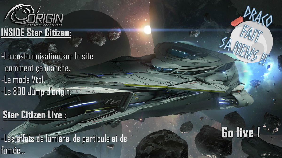 🔴GO LIVE (FR/#QC ) !modo // 🎊 !giveaway //🛋️ !sofa //
''Draco Fait Sa News '' 

INSIDE Star Citizen:
-La customisation sur le site.
-Le Vtol.
-La visite du 890 jump. 

 Star Citizen Live :
-Les différents effets de lumière.....

twitch.tv/draco_freyja