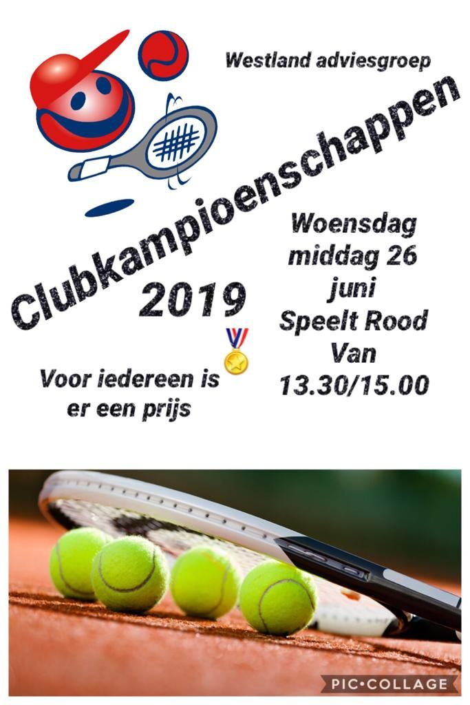 Woensdag 26 juni zijn er de #WestlandAdviesgroep Clubkampioenschappen. Rood speelt van 13.30u tot 15.00u. Voor iedereen is er een prijs! 🎾 🏆