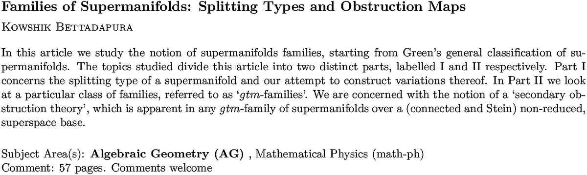 arXiv_math_AG's tweet photo. https://t.co/u5oyXUd8ED
K Bettadapura
Families of Supermanifolds: Splitting Types and Obstruction Maps https://t.co/WlmaE88zdl
