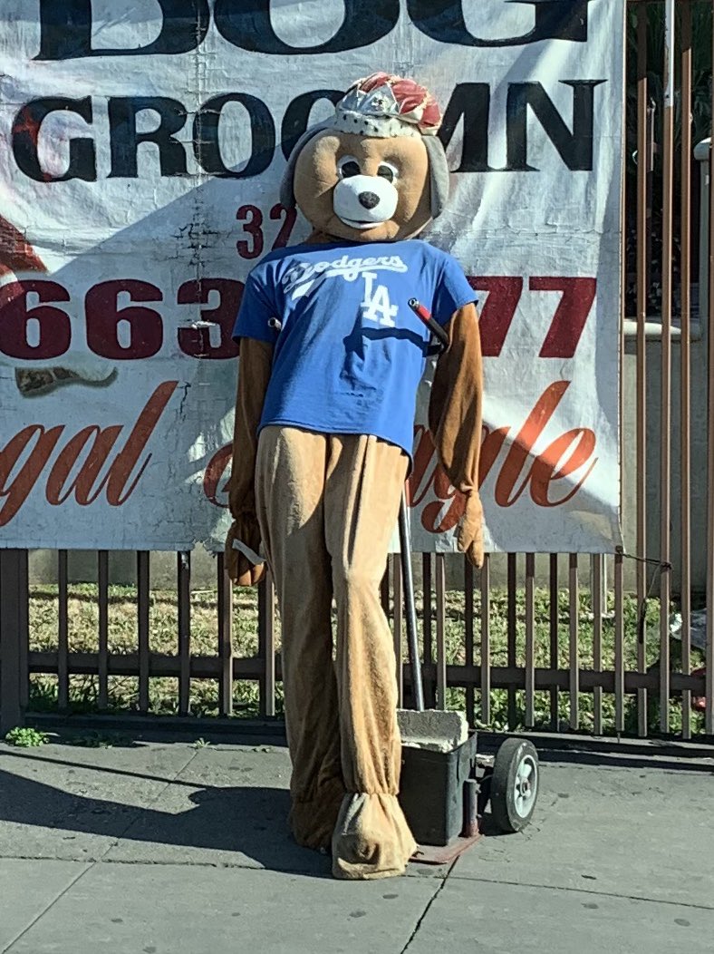 cottoncandaddy's tweet photo. this pet groomer by my apartment dressed a mannequin in a dog suit and propped it up outside with a dolly. super normal advertising technique https://t.co/s16W082pr5