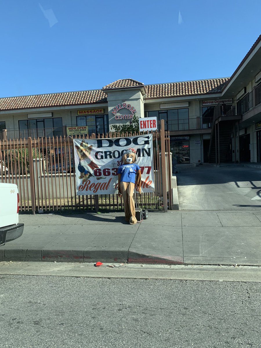 cottoncandaddy's tweet photo. this pet groomer by my apartment dressed a mannequin in a dog suit and propped it up outside with a dolly. super normal advertising technique https://t.co/s16W082pr5
