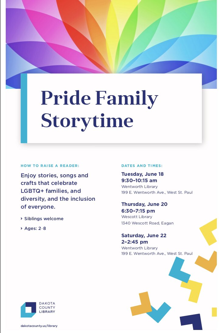 dakotalib's tweet photo. All families are welcome to join us this month for Pride Storytime at Wentworth Library in West St. Paul and Wescott Library in Eagan. No registration required—just drop in! 🌈 #PrideMonth #Pride2019 https://t.co/E2kzPGW0CX