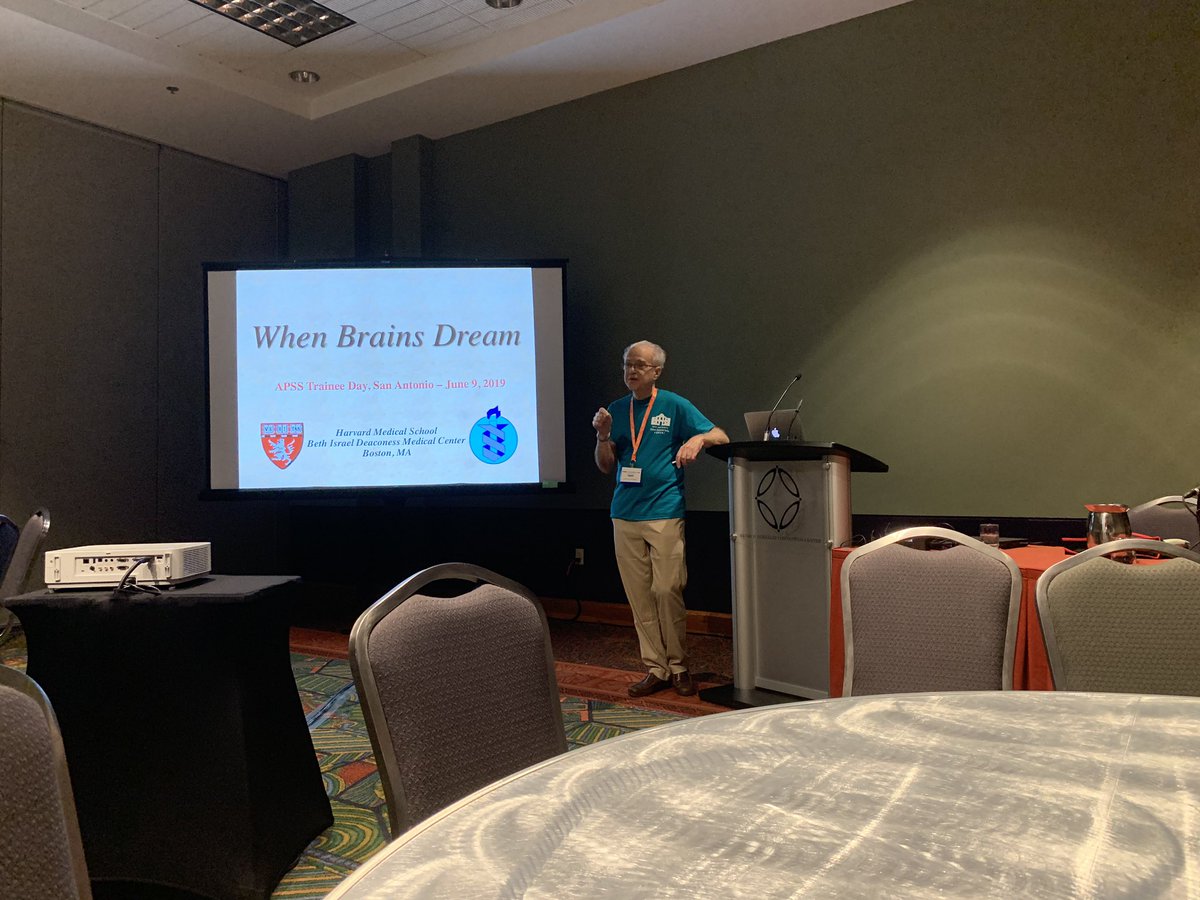 PhDsleepy's tweet photo. One of the best talks I’ve ever had the pleasure of listening to. Prof Robert Stickgold talking about the crucial role of sleep &amp; dreaming in memory evolution! Some of his work has showed 20% improvements in tasks following sleep! #SLEEP2019 #traineeday https://t.co/tGYt595DWY
