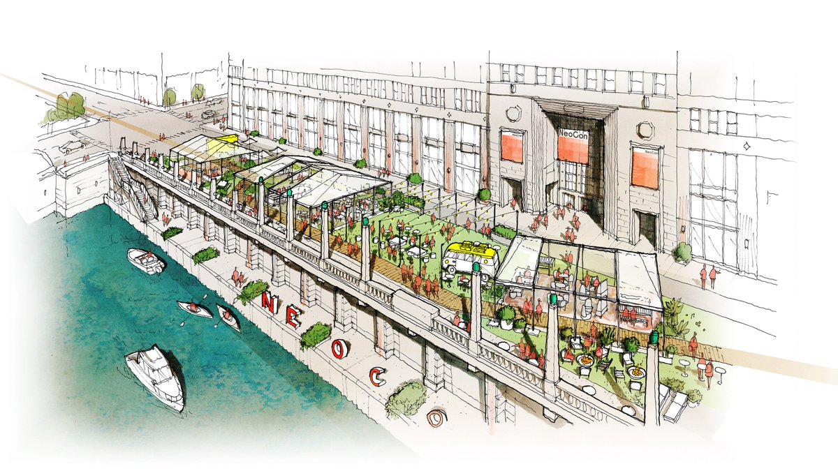 The Gensler-designed NeoCon Plaza is open to the public NS only here this week. Hours are: Sunday: 10am - 2pm. Monday and Tuesday: 7am - 9pm. Wednesday: 7am - 5pm. Work, grab a coffee, meet up, just enjoy the view. #designbygensler #chicago neocon.com/attend/neocon-…