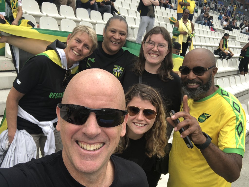 SteveBoyle241's tweet photo. With proud parents and long time friends celebrating their girls getting the start for #Jamaica getting the start bs #Brazil @FIFAWWC in Grenoble, France! https://t.co/AH4RPoL9VB