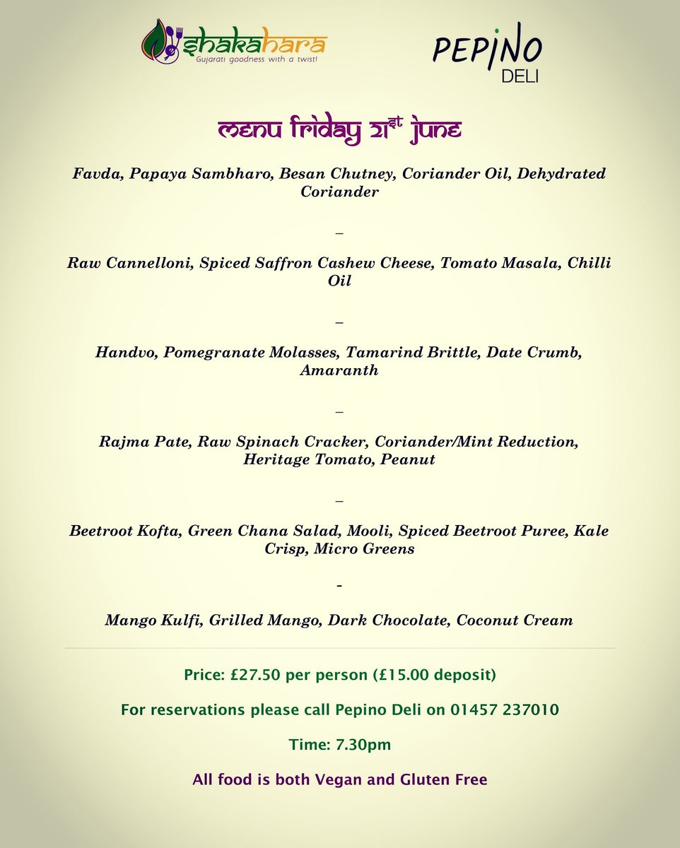 Shakahara1's tweet photo. 🚨Menu Alert🚨 Friday 21st June @pepinodeli in Glossop. Call Pepino Deli to book. #glossop #Derbyshire #derbytelegraph #highpeak #vegan #glutenfree #manchestervegans #veganmanchester #vegansofmanchester #Cheshire #GujaratiGoodness #finedining #veganfood https://t.co/6xJoG9m9iG